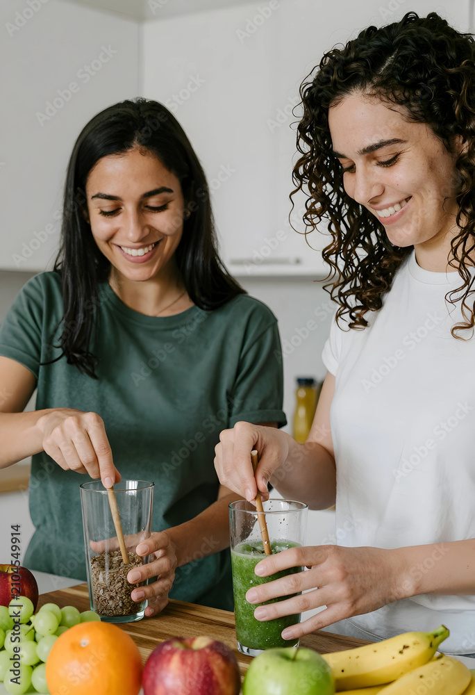 Obraz premium Two smiling women preparing healthy green smoothies and flax seeds in a modern kitchen, wellness and nutrition concept, Fresh fruits and vegetables are visible on the wooden countertop