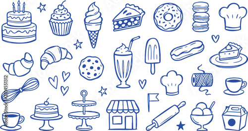 Foto dessert shop doodle icon set with cupcakes, cake, cookies, ice cream, and coffee