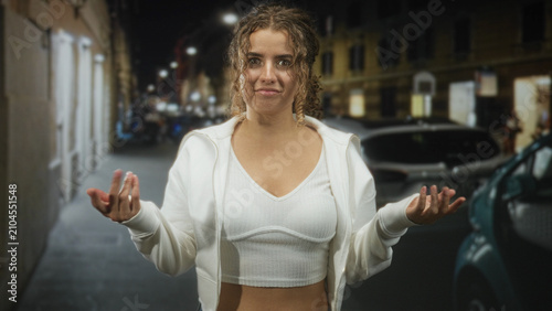 Obraz na plátně Woman with exposed midriff in white hoodie shrugs with palms up on a night street with parked cars and lit storefronts; uncertainty curiosity