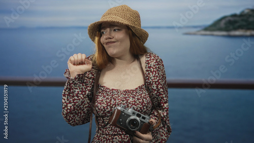 Foto Redhead woman holding a vintage camera and waving with a bare hand on a studio set mimicking a seaside deck with visible railing and distant island; awkwardness