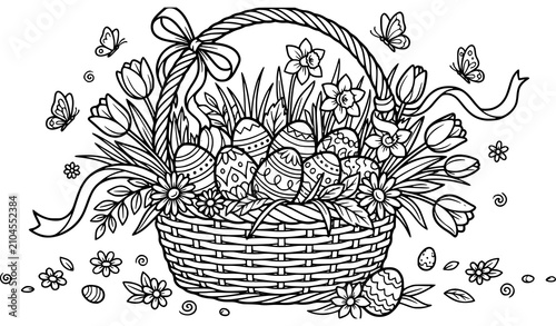 ইস্টার বাস্কেট রঙের পৃষ্ঠা): Easter basket filled with decorated eggs and spring flowers coloring book page for kids and adults