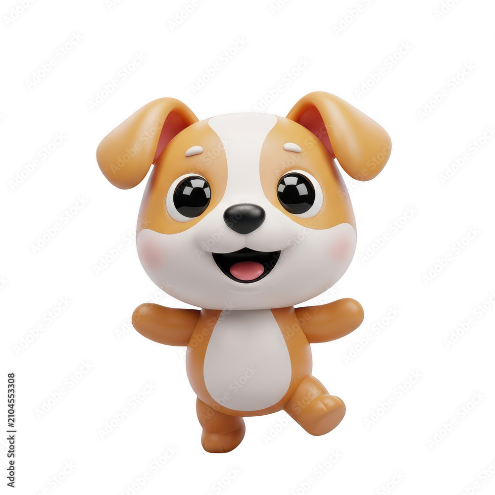 Fototapeta premium Cute 3D rendered puppy dog standing, happy expression with open mouth and waving paws, playful cartoon style character.