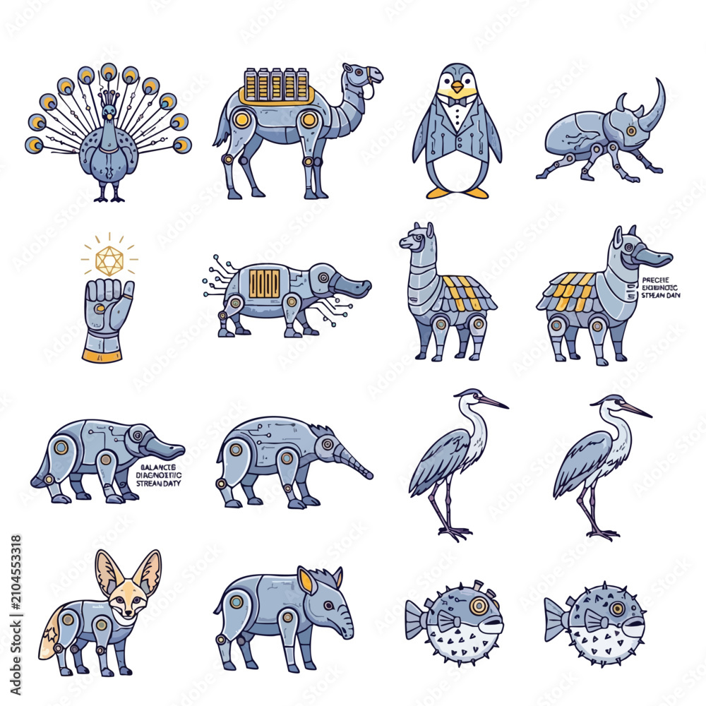 Fototapeta premium Robotic animals and birds in steampunk style illustration