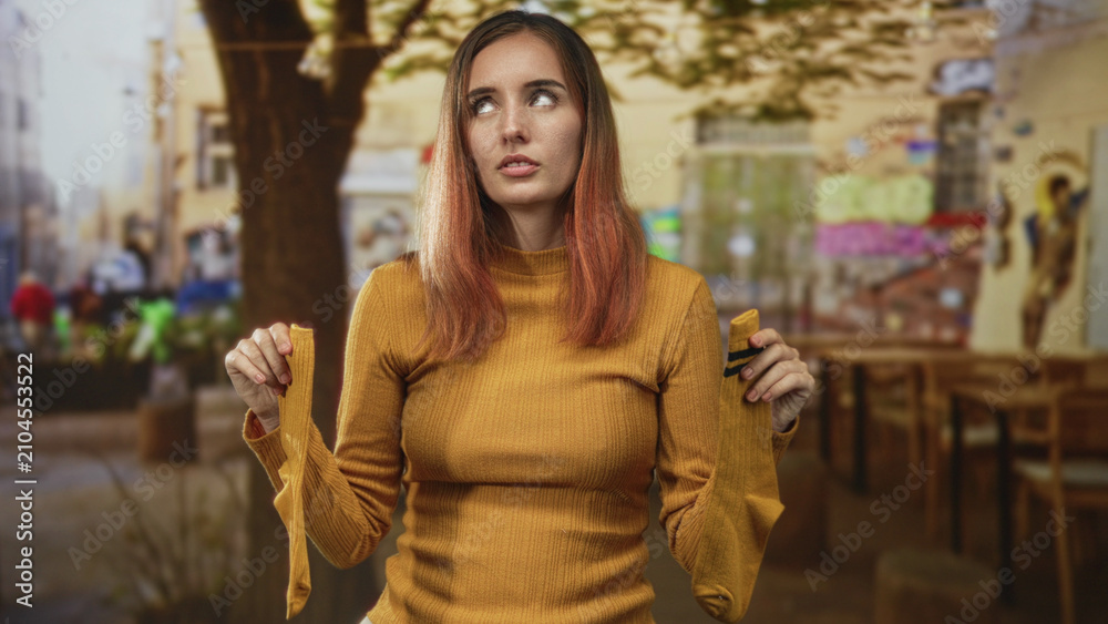 Fototapeta premium Woman in yellow sweater holding a pair of mustard socks by the cuffs and showing them with a puzzled expression on a street cafe; uncertainty.