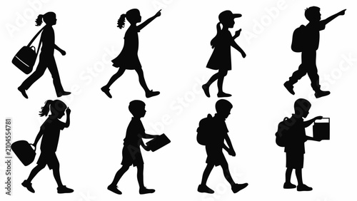 Black and White Silhouettes Depicting Energetic Children Walking, Carrying Bags and Books, Ready for Their Back to School Journey and the Start of a New Academic Chapter