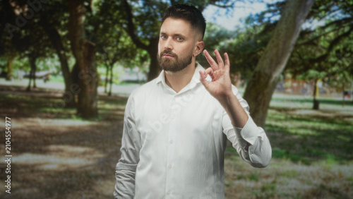 Canvas Print Young bearded man in white shirt makes ok sign with bare fingers while looking at camera in a sunlit park by oak trees; confidence approval