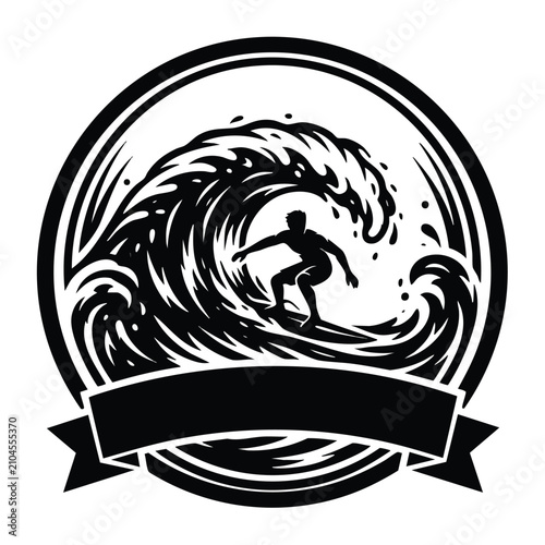Photography Dynamic illustration of a lone athlete expertly surfing a powerful ocean wave, presented in a circular emblem design