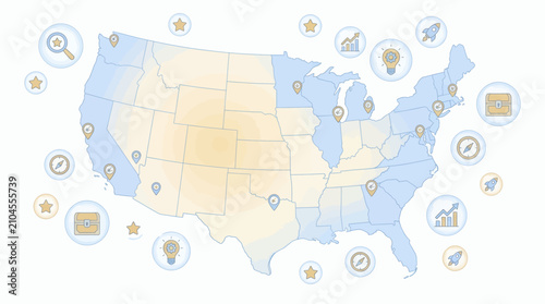 Illustrated national map featuring strategic business growth icons and creative navigation symbols for planning with growth innovation exploration