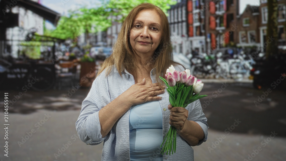 Fototapeta premium Woman holding pink and white tulips, hand over chest, standing on a city street with bicycles and brick canal houses; gratitude reflection.