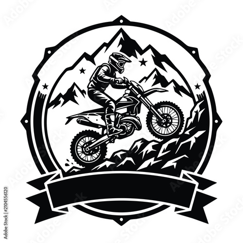 Enduro Rider Climbing Steep Rocks in Mountain Landscape Illustration Design