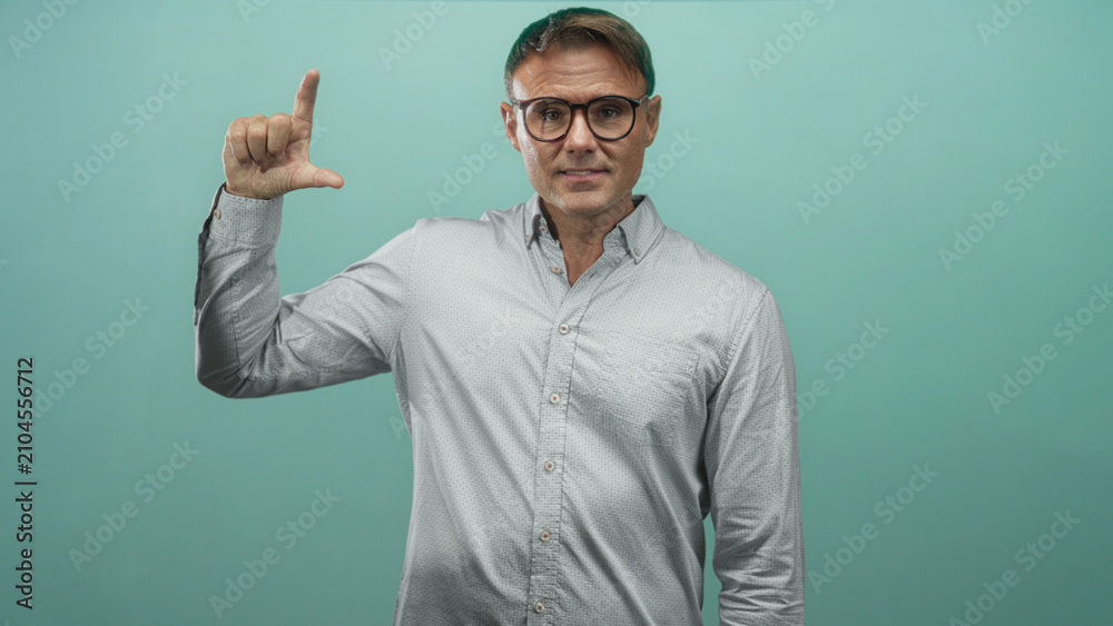 Naklejka premium Man in studio holds thumb and index finger showing a small gap while looking sideways, wearing glasses and a collared button shirt; thoughtful reflection.
