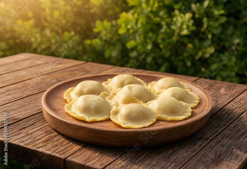 Eight uncooked ravioli on w...
