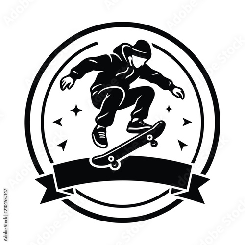 Bilde på lerret Dynamic skateboard rider performing a kickflip trick in an urban sports emblem i