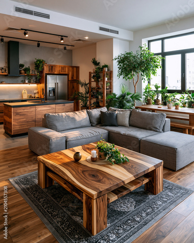 Modern living room with green plants and wooden furniture