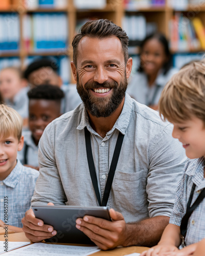 Teacher using tablet with students in classroom during school hours