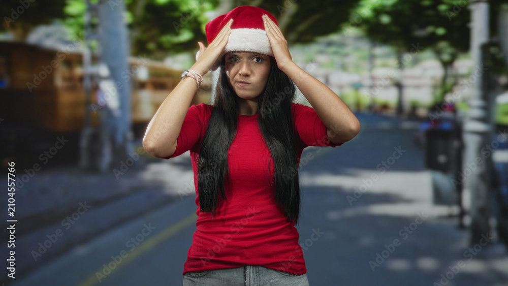 Obraz premium Young hispanic woman holding santa hat with both hands on head on a street lined with trees and market stalls, wearing red top and long hair; holiday anxiety.