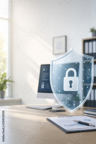 Modern office with digital security shield concept