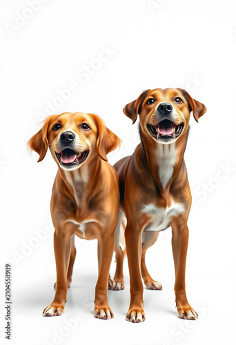 Two happy brown dogs standi...