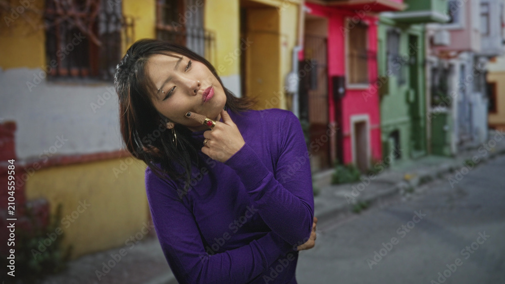Fototapeta premium Woman finger to chin gesture, wearing purple turtleneck, standing on a narrow colorful street with row houses; thoughtful contemplation.