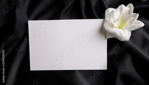 white blank card paper on black cloth background with white flower