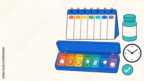 Seven Day Pill Organizer for Medication Adherence and Dose Tracking with Copy Space