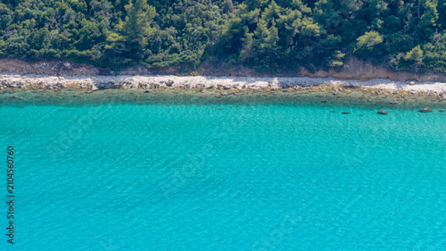 Quadro su tela Turquoise water along a rocky tree lined shore