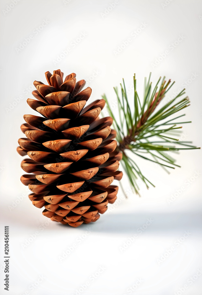Fototapeta premium Close-up of pine cone with pine branch on white background