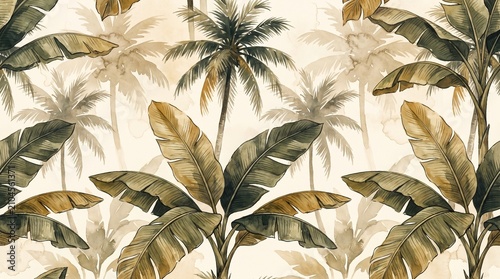 Watercolor Tropical Banana Leaf and Palm Tree Seamless Pattern Vintage Wallpaper Design