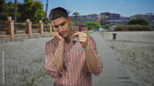 Принти на полотні Man in striped shirt holding keys on keyring with hand on cheek on street looking down, pensive expression; lost home sadness