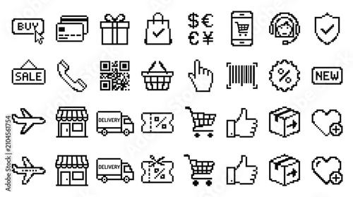 Detailed pixel art vector graphic set featuring various shopping and e-commerce icons for digital interfaces