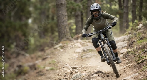 Female mountain biker riding downhill on rocky forest trail. Action shot of woman cyclist in full face helmet navigating rugged dirt path