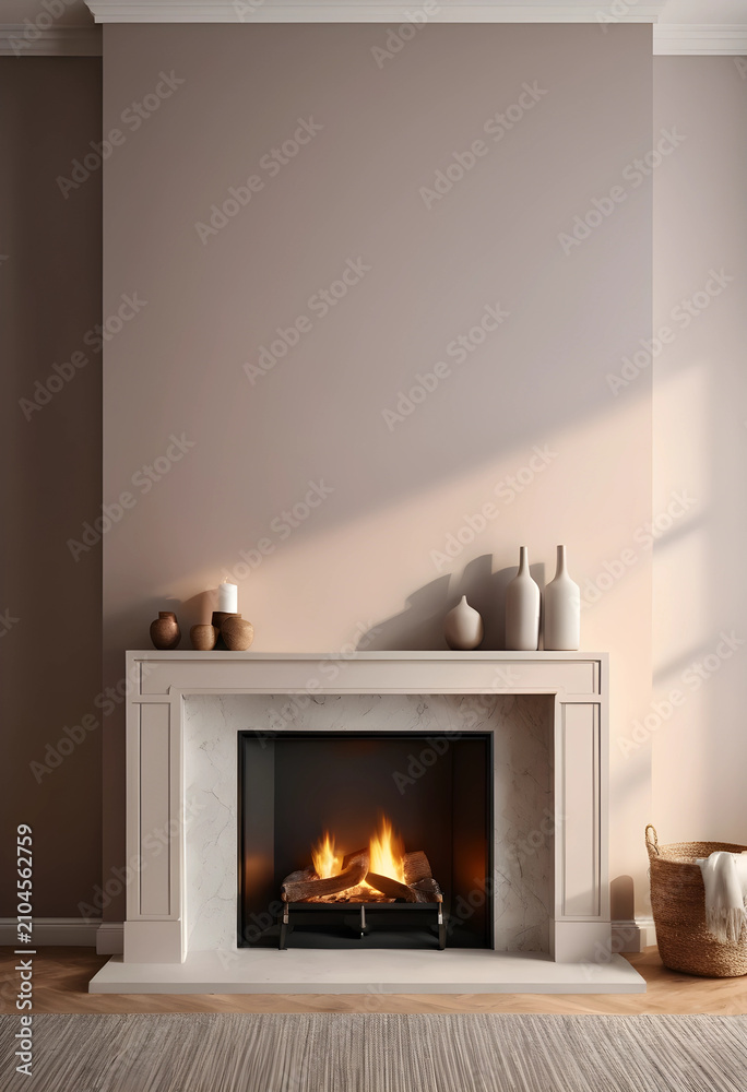 Obraz premium Modern living room interior with a lit fireplace, minimalist decor, and warm sunlight creating a cozy atmosphere