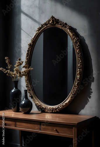 Ornate oval mirror with a g...
