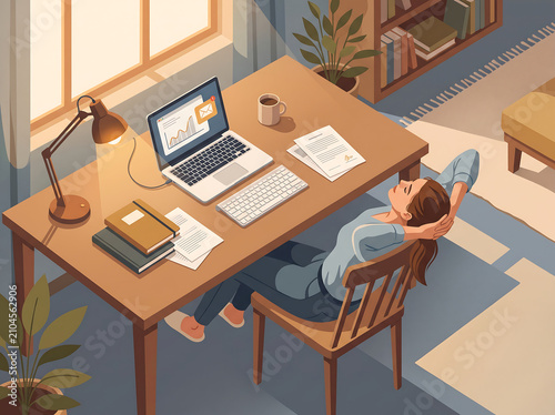 High Angle View of Tired Businesswoman Stretching While Working at Home