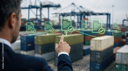 Businessman verifies logistic documents with digital checkmarks at a container port. Cargo freight compliance, customs approval, and supply chain management for global import export trade and shipping