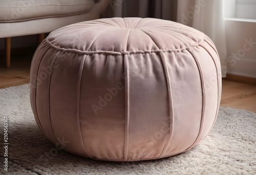 Round pink velvet pouf on a...