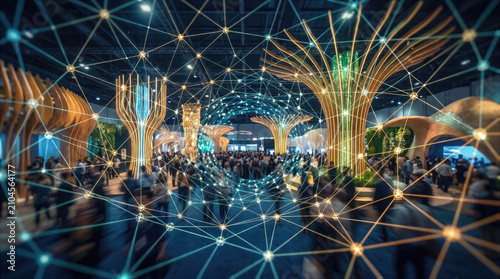 Busy exhibition hall with a digital network of glowing nodes and lines connecting the space. Modern technology event and conference gathering with immersive architecture, innovation, and interactive