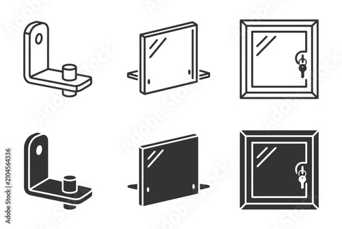 Minimalist icons of wall mounts and display cases with locks.