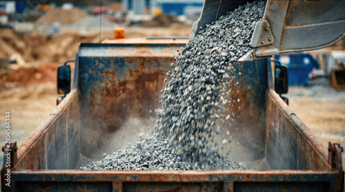 Gravel and crushed stone pour into a rusty dump truck at a busy construction site. Heavy machinery and excavator bucket unload aggregate material for building and road infrastructure work.