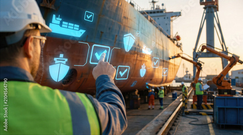 Shipyard engineer inspecting a large cargo vessel in drydock with a digital checklist interface. Maritime maintenance, repair and quality control operations at industrial port with crane and workers.