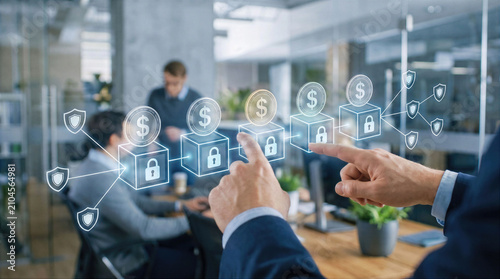 Blockchain cryptocurrency and digital finance security technology. Encrypted network of connected money blocks with dollar coins for secure banking and payment transactions. Fintech data protection