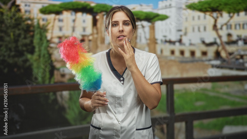 Konstfotografi Woman holding rainbow duster and touching chin on building balcony with architecture and trees visible; quiet contemplation