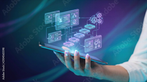 Person holding a tablet with a digital interface. System displays content management, video streaming and workflow automation. Business technology, media network and online communication.