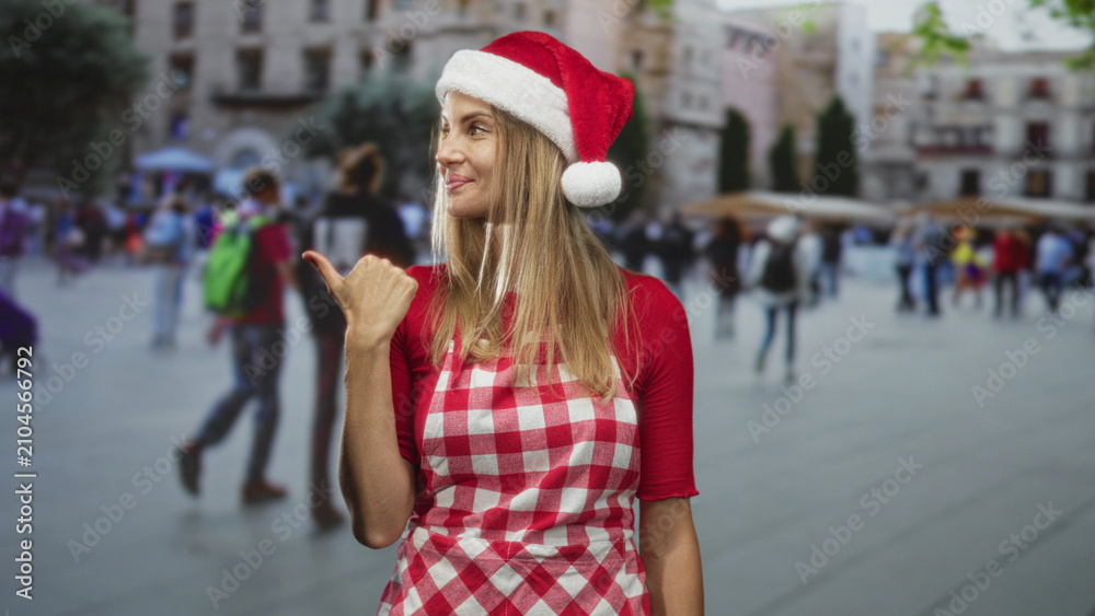 Fototapeta premium Blonde woman cook wearing red gingham apron and santa hat gives thumbs up while standing in a busy street plaza; holiday cheer.