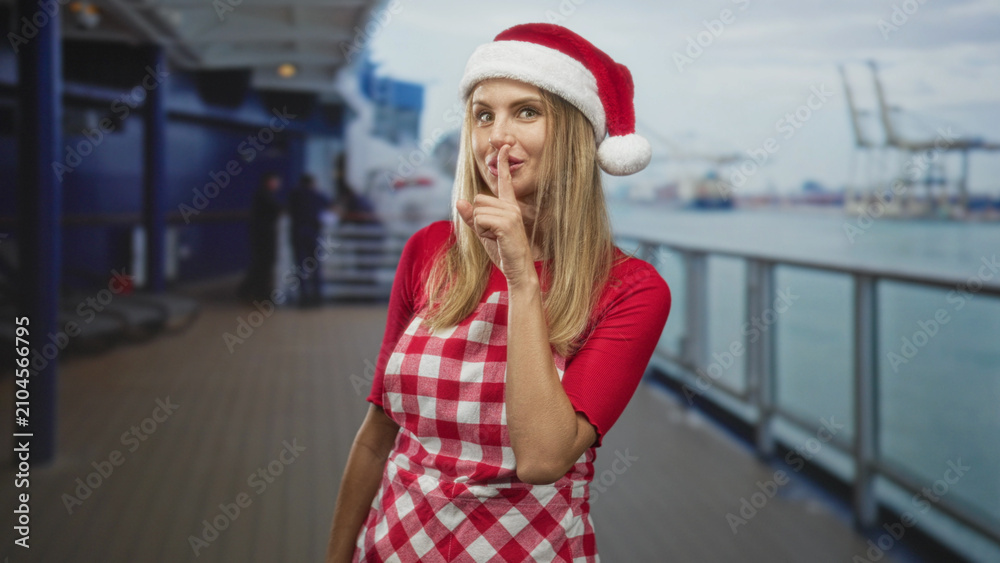 Fototapeta premium Woman in santa hat and checked apron smiles with finger to lips on a ship deck building; festive cheerful.