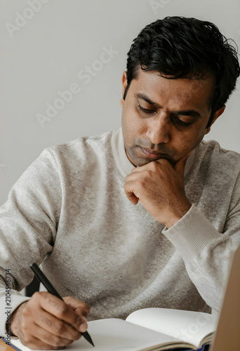 Thoughtful indian man writi...