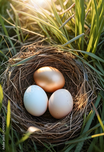 Golden egg and two white eg...