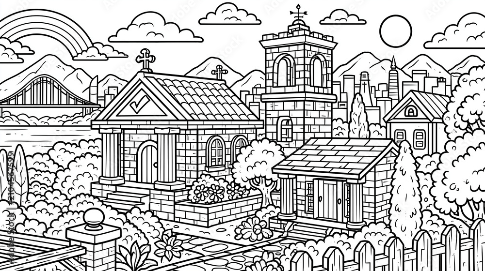 Fototapeta premium Detailed black and white illustration of a charming village with houses and mountains.