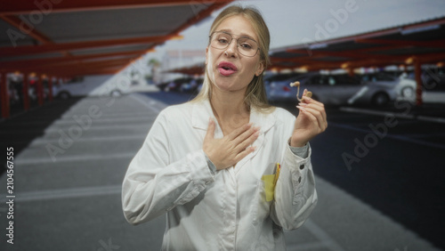 Obraz na plátně Woman holding hearing aid with hand on chest, white coat and glasses in building parking garage, smiling; gratitude accessibility
