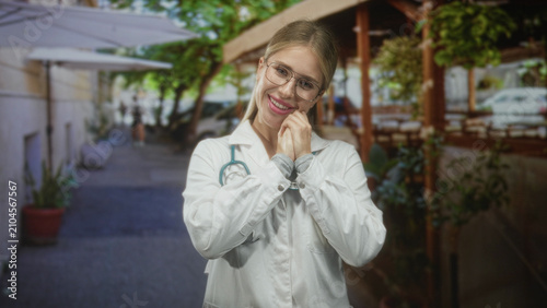 Obraz na plátně Woman doctor with stethoscope, hands clasped to chin and smiling in a street cafe; compassionate care